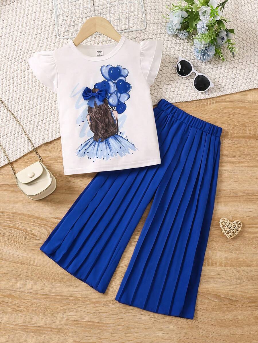 SHEIN Conjunto de 2 piezas compuesto por una blusa con cuello redondo y mangas cortas con estampado de silueta de niña y pantalones anchos plisados