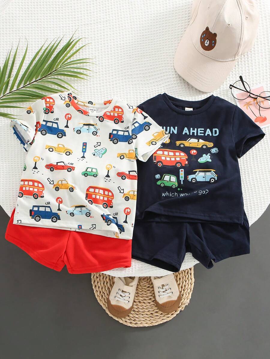 SHEIN 4 Stücke/set Junge Jungen Niedliche Transport-druck Kurzarm-t-shirts Und Shorts Outfits, Leicht, Atmungsaktiv, Bequem, All-match, Geeignet Für Sommer