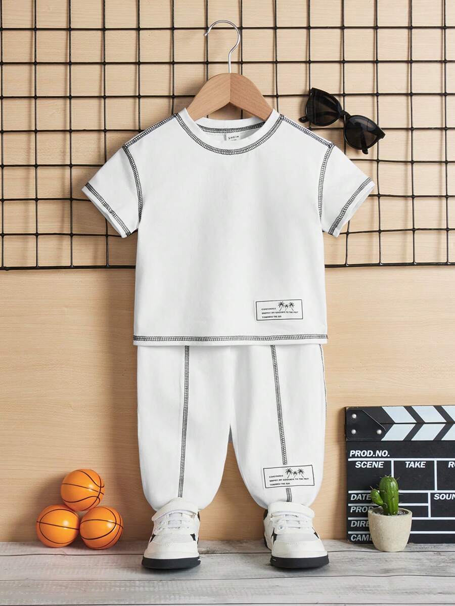 SHEIN Baby Boy's Decorative Button Up Collar Checked Contrast Stitching Sweatshirt And Jogger Pants Set