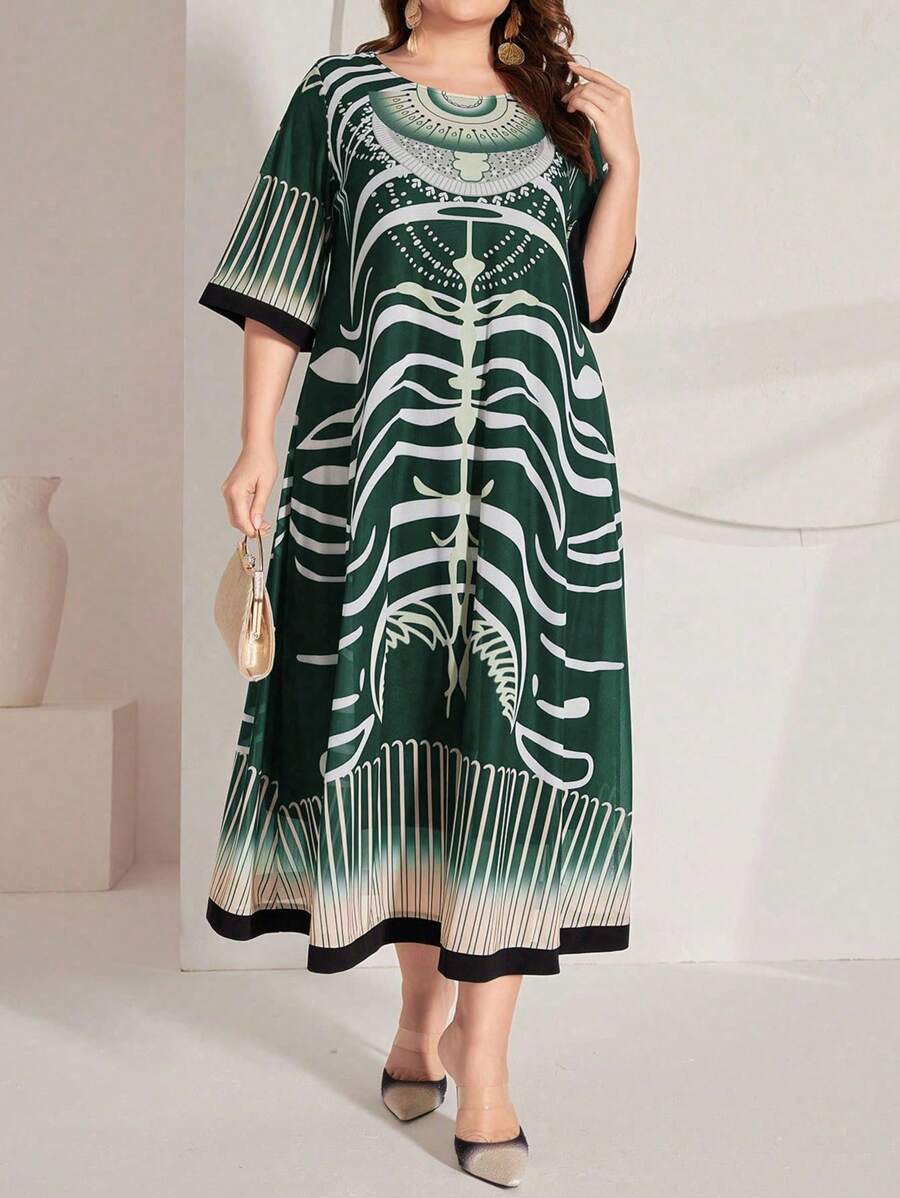Mulvari Plus Size Graphic Print Arabic Style Dress