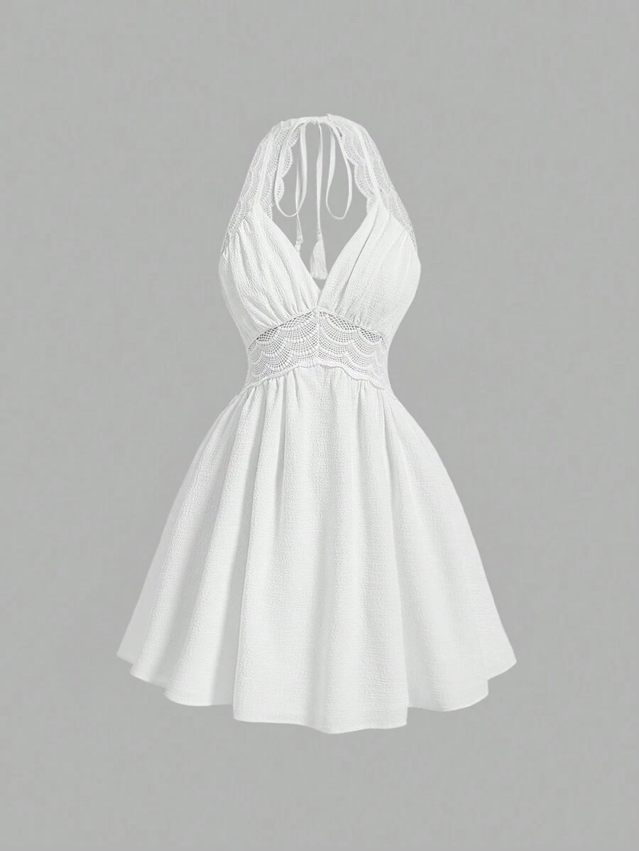 SHEIN MOD Women's Plus Size White Halter Hollow Out Back Tassel Tie A-Line Sundress Country Concert Outfit Country Dress