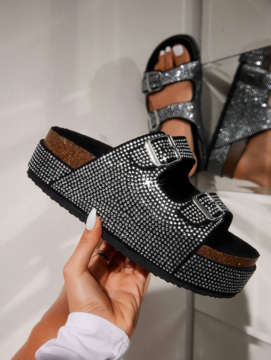Sugerpunk Calzado de mujer con suela gruesa, decoración de rhinestones, sandalias para vacaciones de verano, rebajas de verano, estilo Y2K punk, cool, calzado deportivo para Navidad, Año Nuevo y otoño