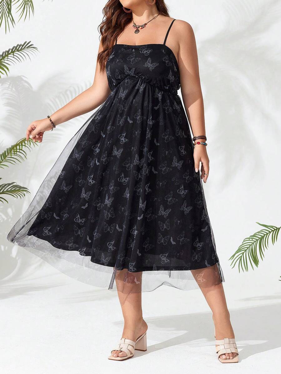 Celure Plus Size Butterfly Printed Mesh Splice Cami Dress