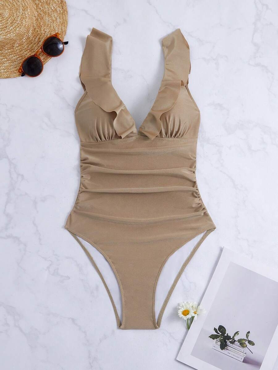 Women's Solid Color Ruched Splice Ruffle Edge OnePiece Swimsuit For