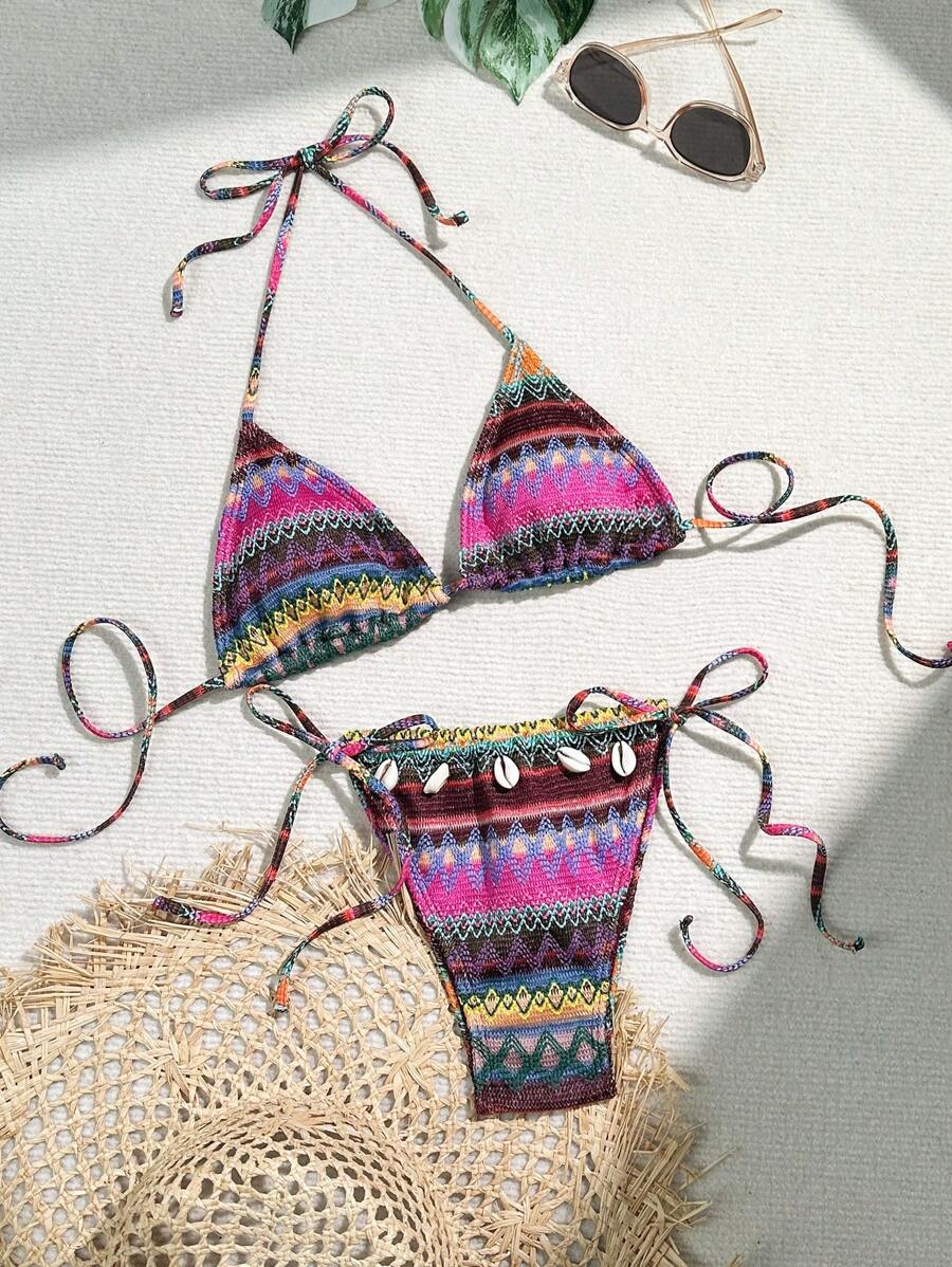 SHEIN Swim Zomerse dames bikiniset met kleurblokkering, strepenprint en schelpversiering, twee delen