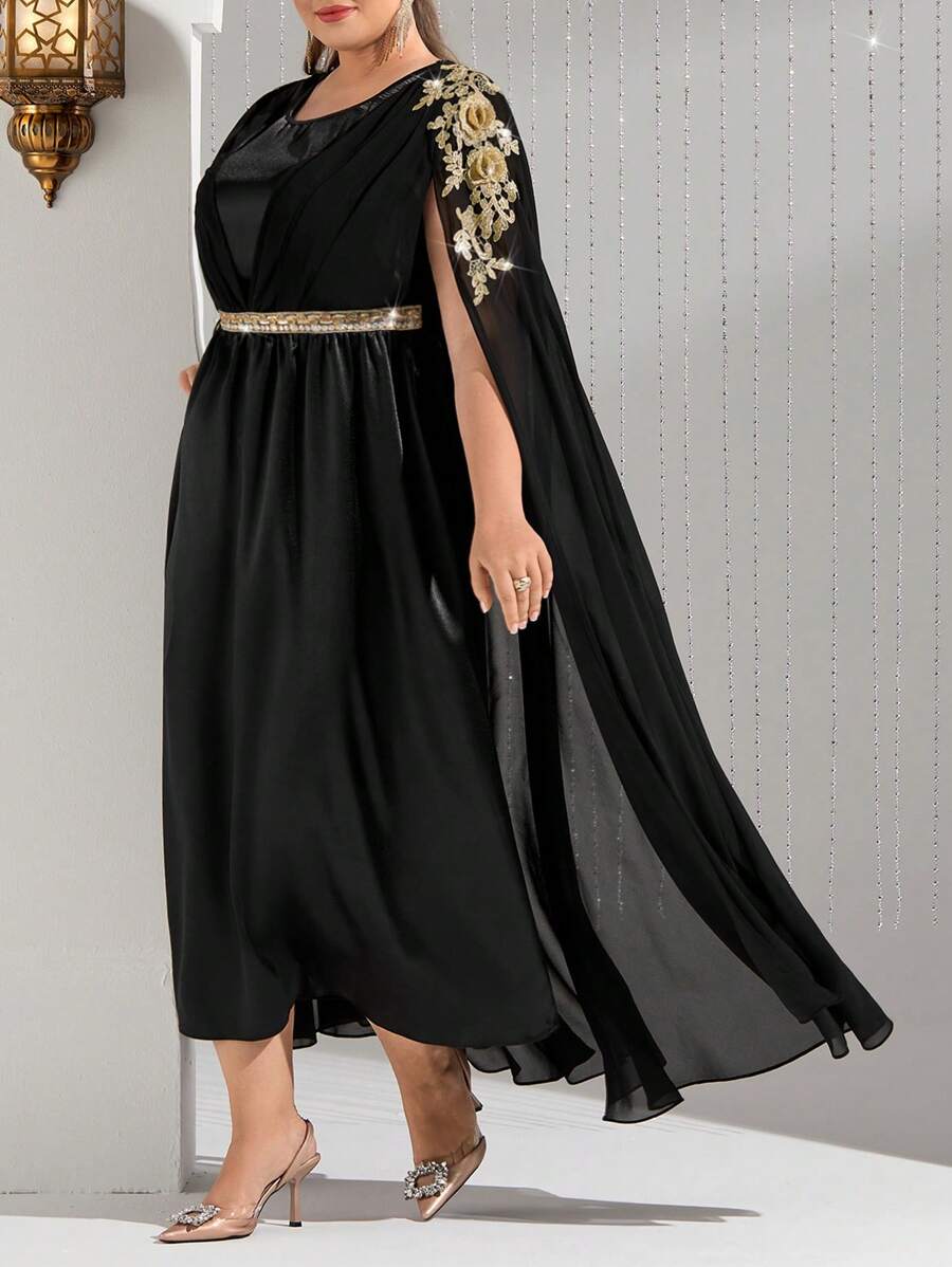 Modelyn Plus Size Women's Embroidered Cape Sleeve Arabic Dress,Elegant Evening Party Dress Long Evening Dresses