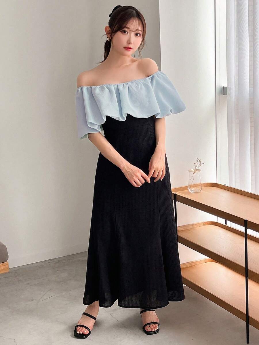 FRIFUL Women's Colorblock Off Shoulder Midi Dress,Ruffle