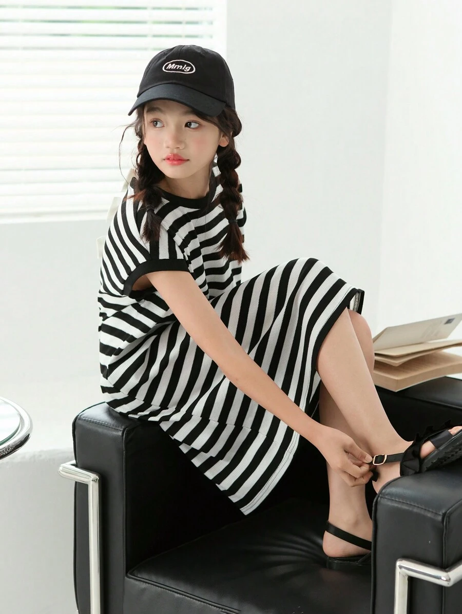 SHEIN Tween Girl Loose Casual Bow Decorated Loose Striped Dress