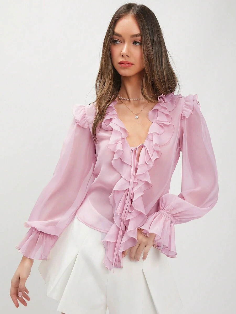 Enchnt Women's Patchwork Ruffle Hem Flare Sleeve Shirt
