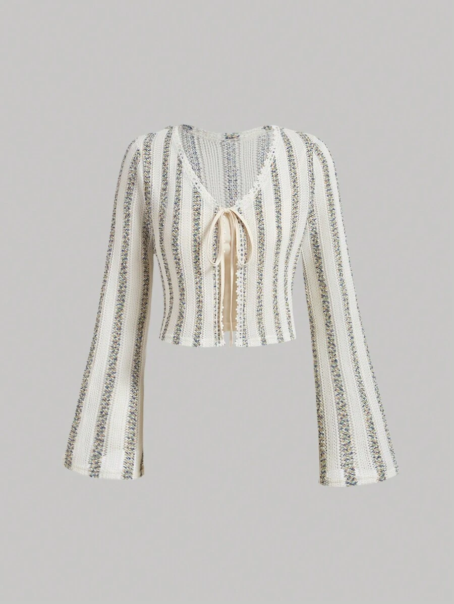 SHEIN MOD Colorful Striped Tie Waist Bell Sleeve Top