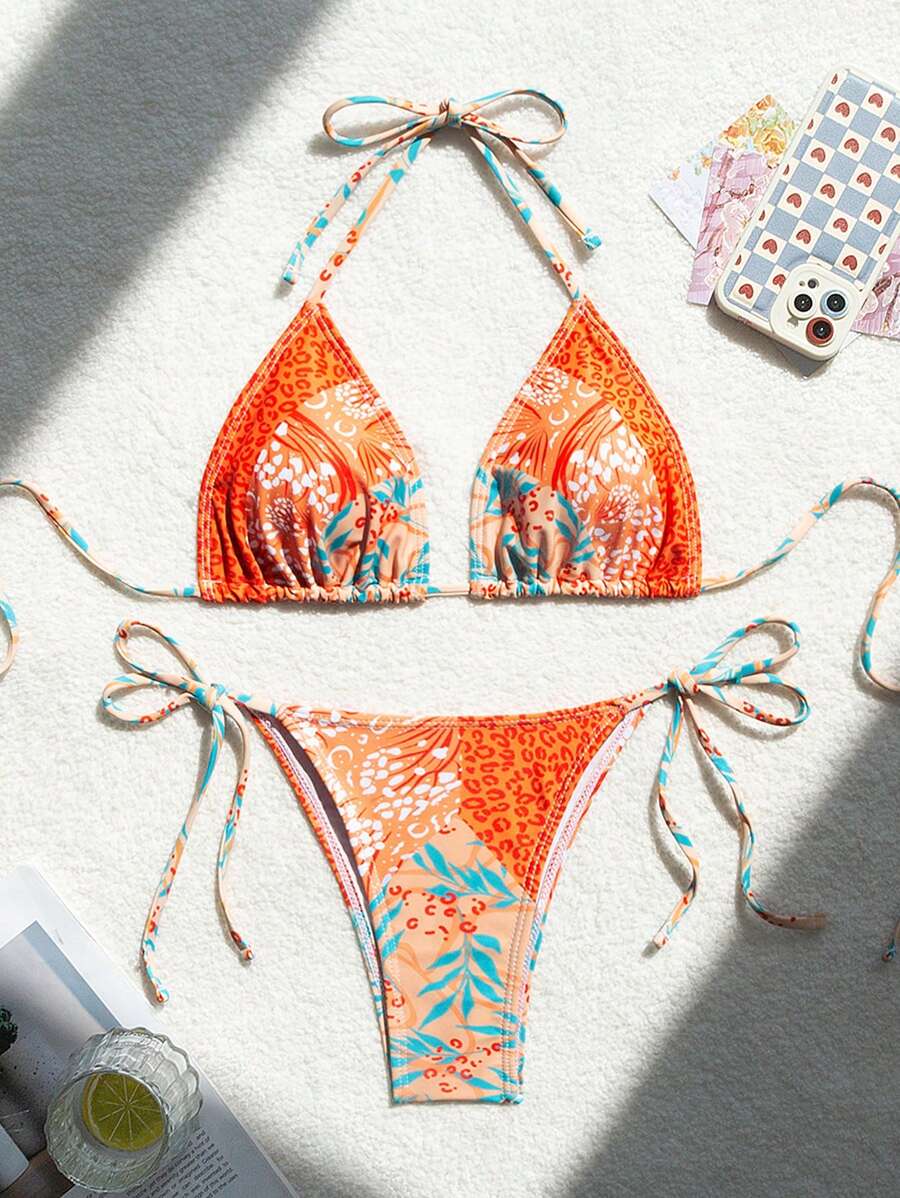 SHEIN Swim Summer Patchwork Printing Halterneck Bikini Set