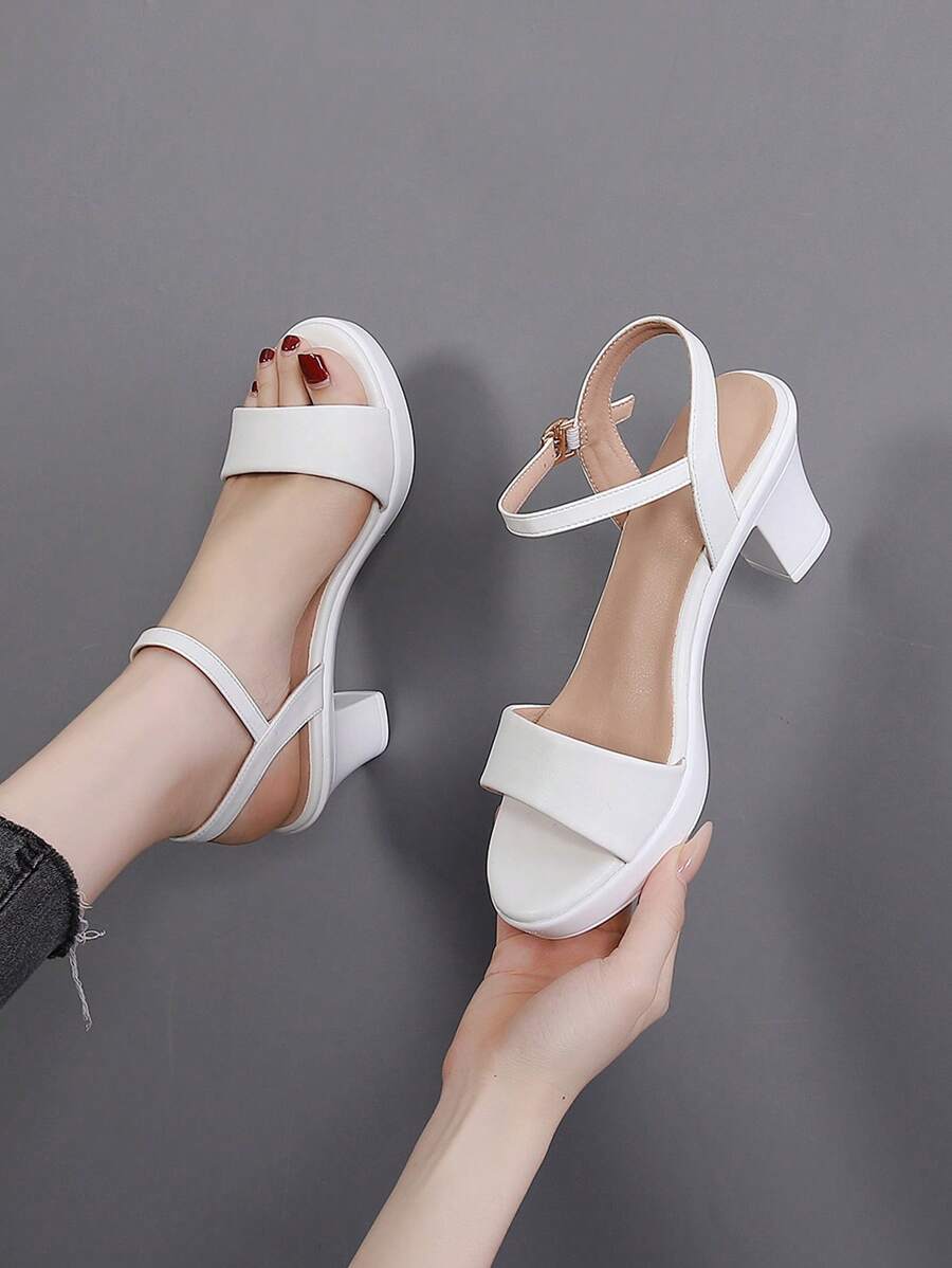 Women's High-Heeled White Sandals, Thick-Heeled, Summer New Women's Shoes, Sexy, Versatile, With Ankle Strap Buckle Design