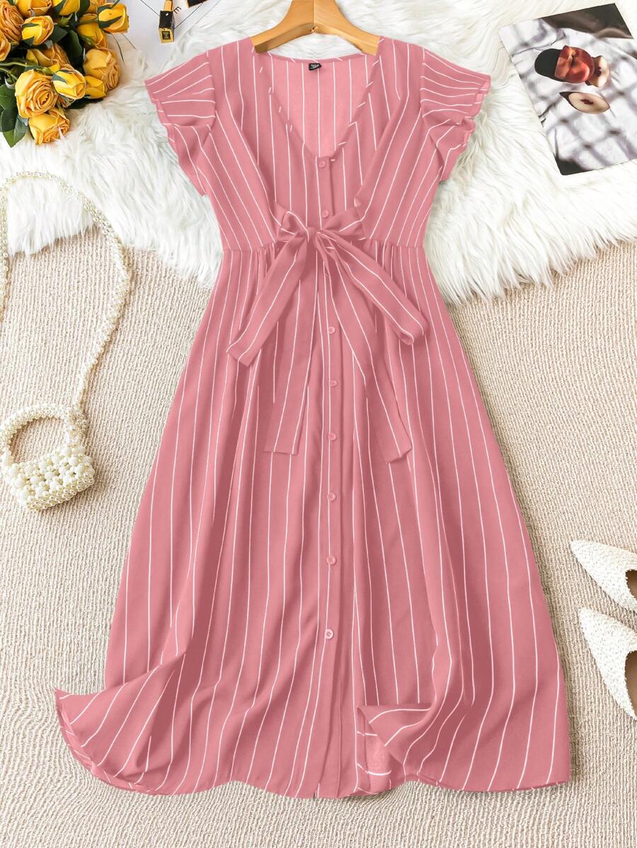 SHEIN Clasi Plus Size Women's Striped V-Neck Dress With Waist Bow Decoration Maxi Women Outfit