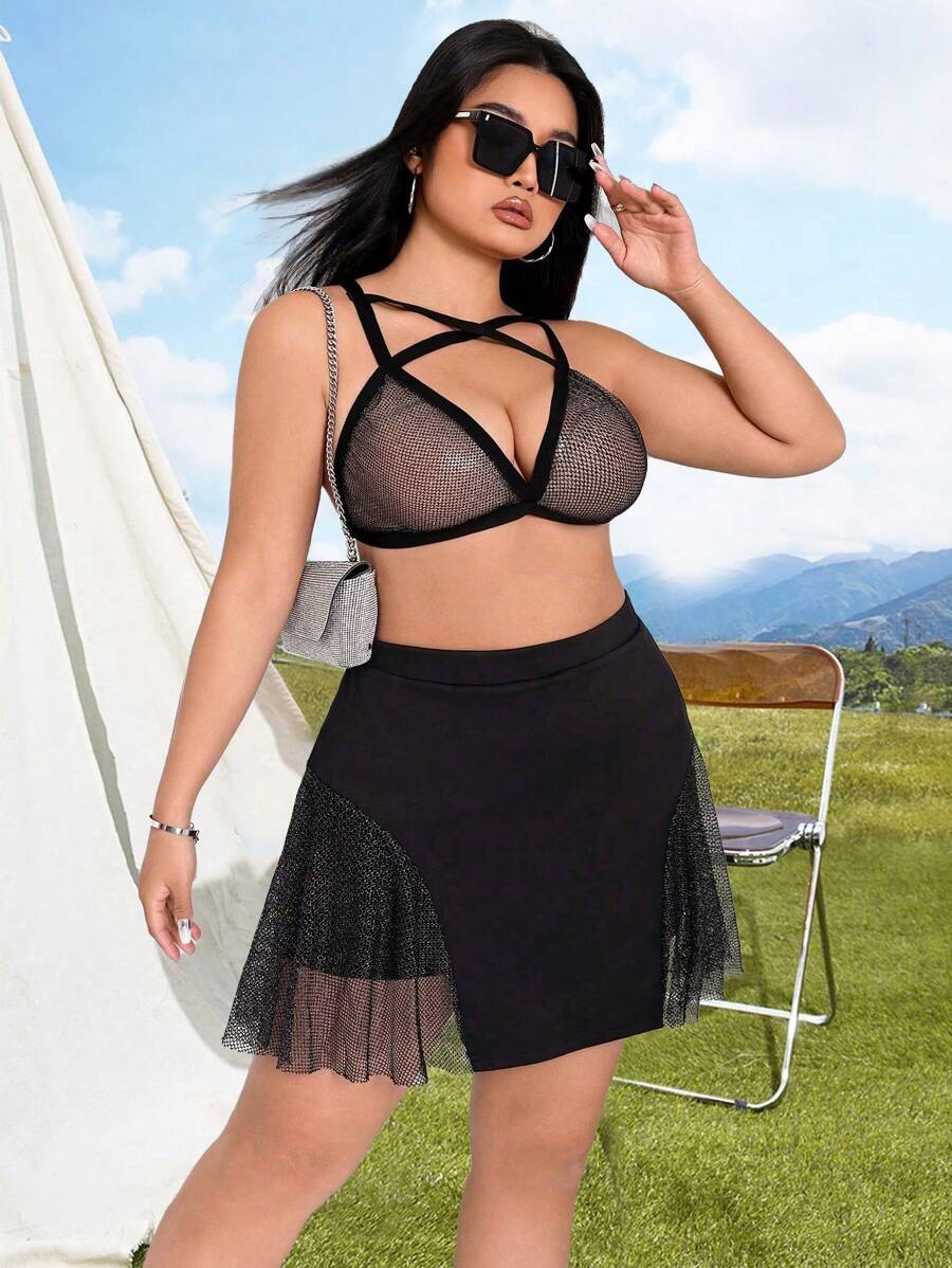 Flirla Plus Size Elastic Waist Mesh Skorts With Patchwork Design