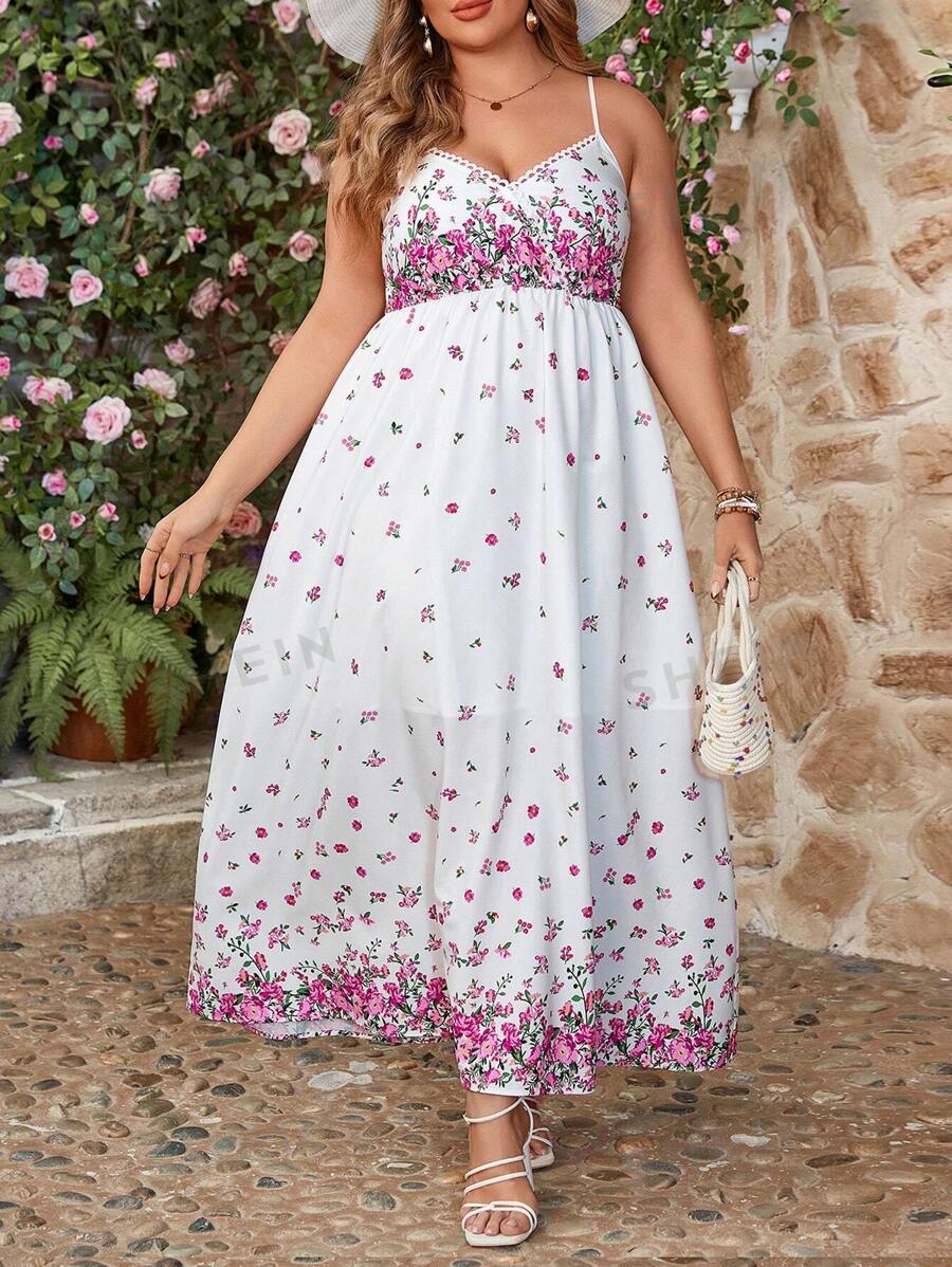 SHEIN VCAY Vestido De Talla Grande Con Estampado Floral Y Estilo De Vacaciones Con Tirantes Al Cuello