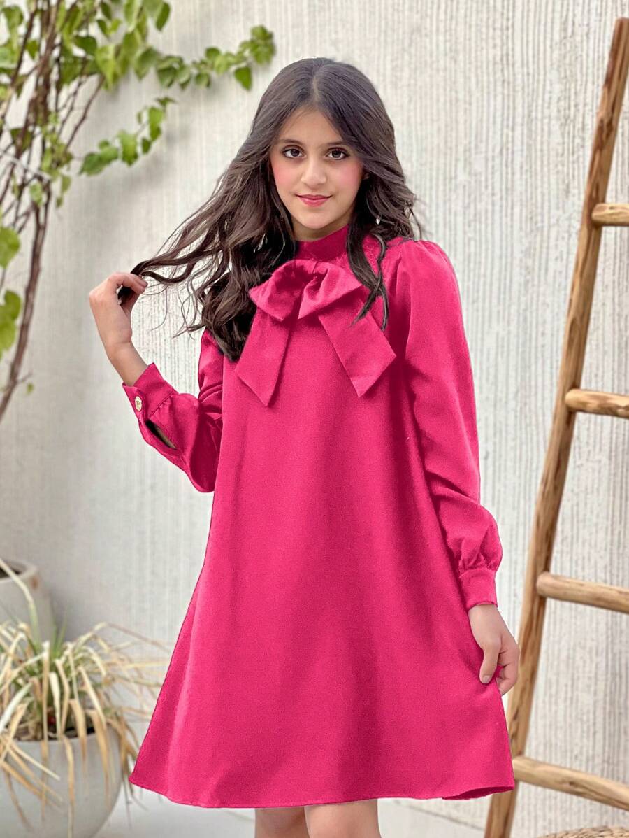 SHEIN Vestido para niñas preadolescentes con mangas largas estilo retro, cuello tejido con soporte, botones decorativos en la parte de atrás y línea A