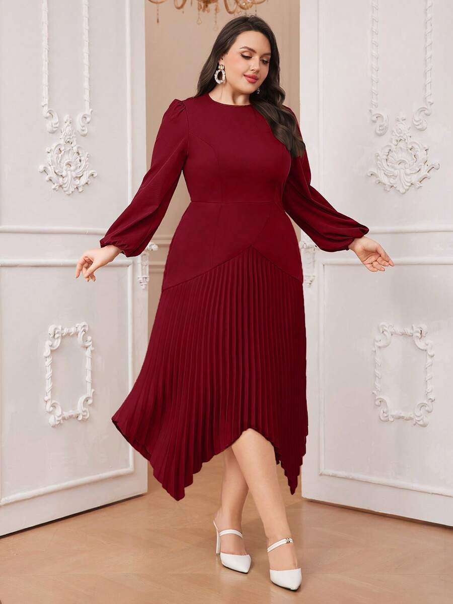Modelyn Burgundy Red Plus Size Solid Color Lantern Sleeve Pleated Hanky Hem Dress