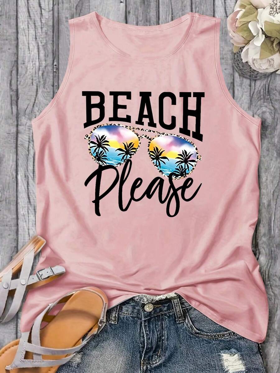 INAWLY Women's Sunglasses & Palm Tree Print Tank Top For Summer Graphic Tees Women Tops