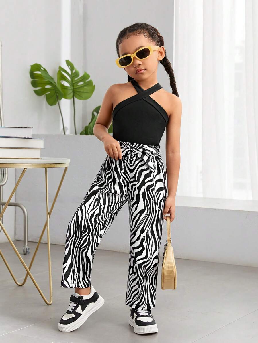 SHEIN Kleine Mädchen Für die Stadt optimiertes Set aus gestricktem Neckholder-Top und milchig gemusterten langen Hosen für Frühling/Sommer