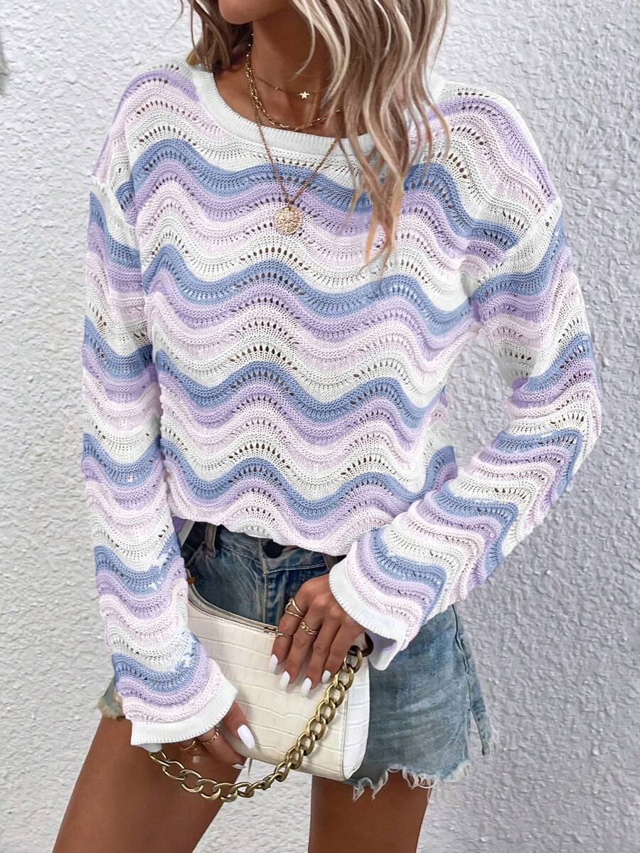 SHEIN LUNE Maglione da donna oversize a righe con scollo a goccia, maniche lunghe, lavorazione traforata, maglietta a maniche lunghe