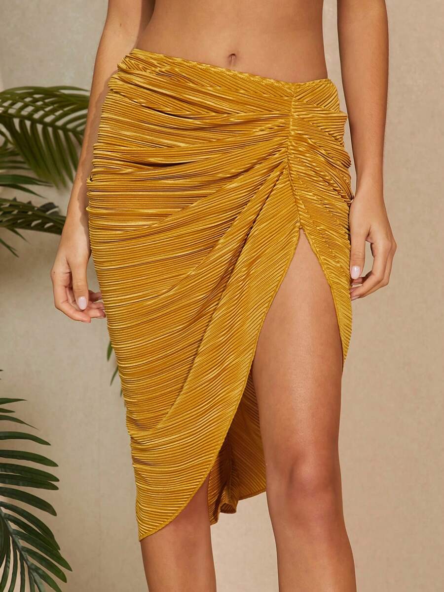 Hauture Women's Solid Colored Asymmetrical Hem Draped Skirt