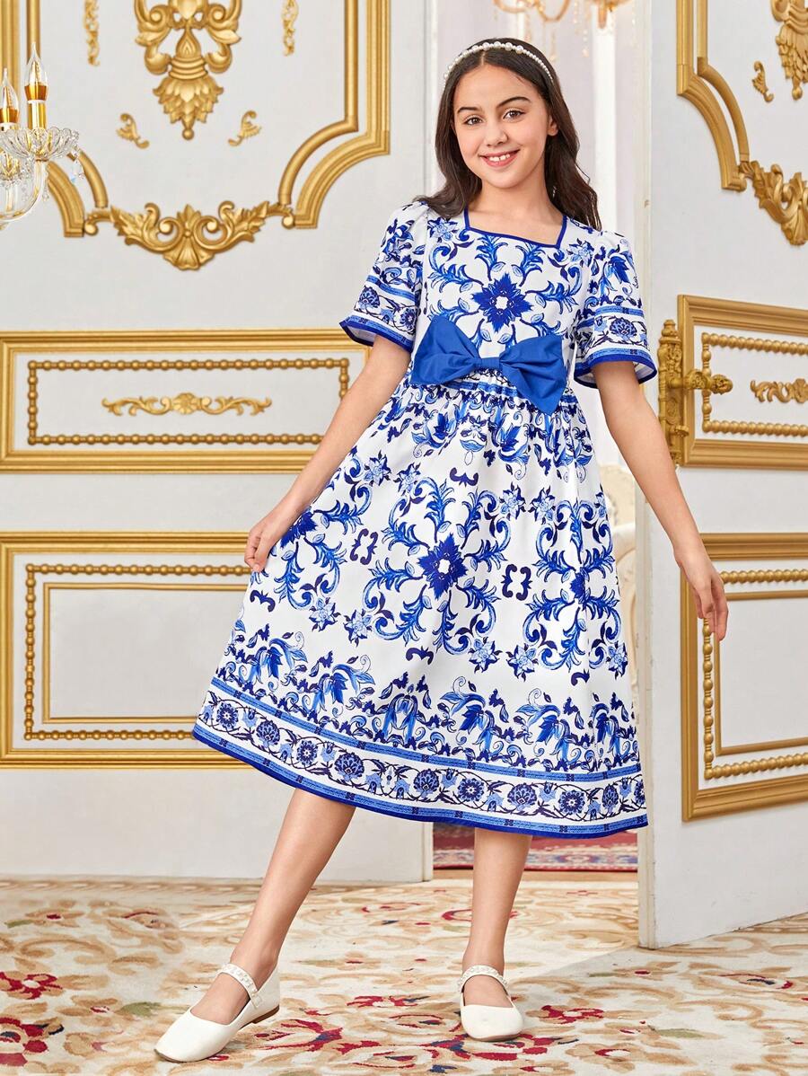 SHEIN Rochie pentru fete Tween, cu formă relaxată, cu imprimeu geometric, lejer, cu gât pătrat