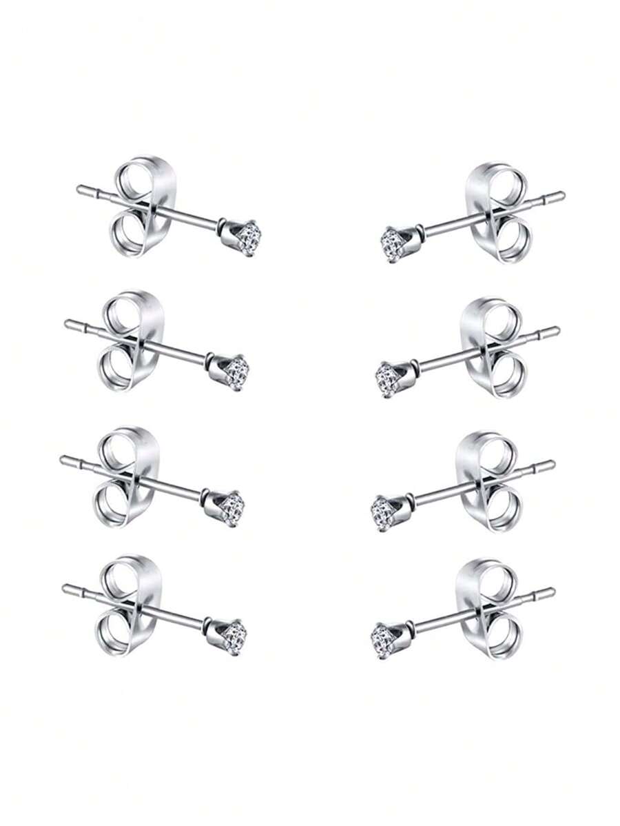 4pairs Women's Simple 2mm Cubic Zirconia Stainless Steel Stud Earrings