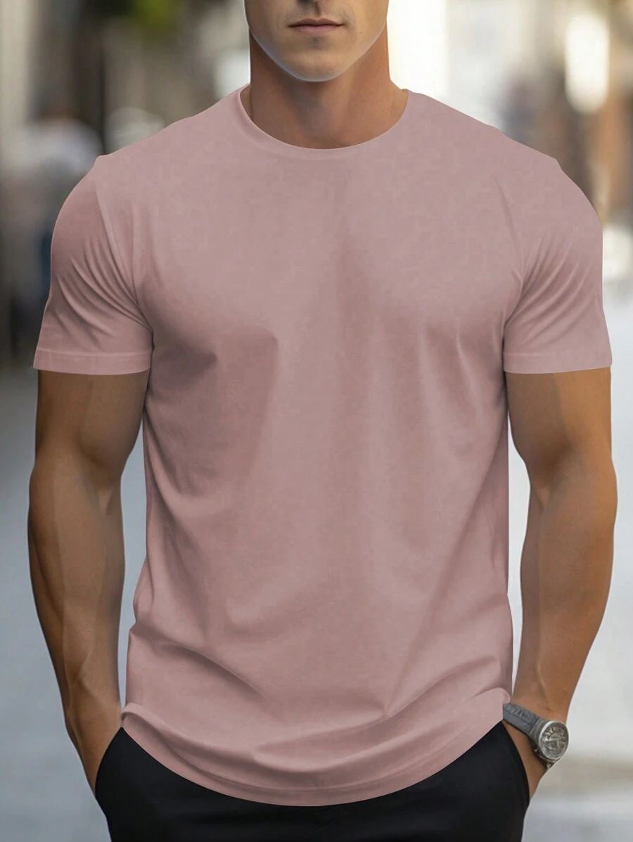 Manfinity Homme Camiseta casual de cuello redondo de unicolor para hombre, camiseta rosa para hombre, top rosa para hombre, camiseta lisa, camiseta color moca para hombre