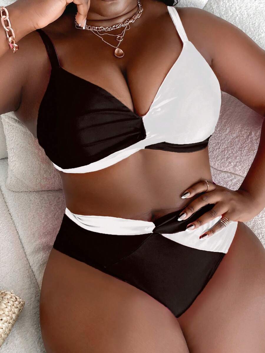 SHEIN Swim Curve Summer Beach Plus Size Women's Ruched Color Block Bikini Set