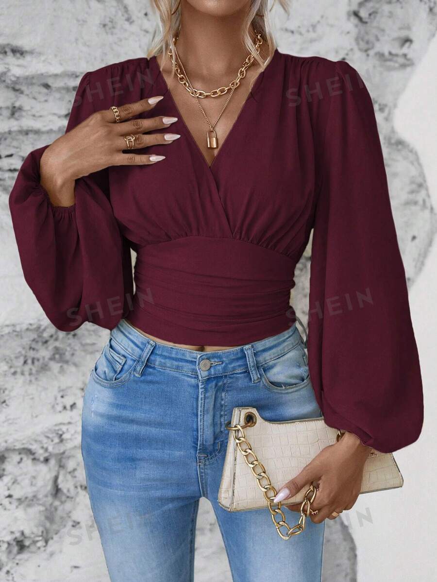 SHEIN Clasi Camisa de manga larga con cintura acaparada y recogida en un solo color