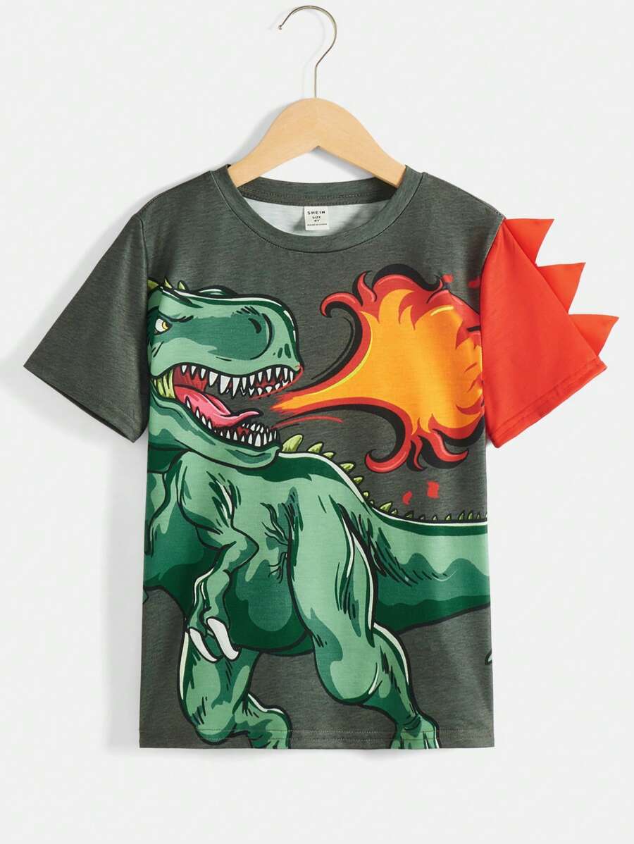 SHEIN Camiseta de dinosaurio de ajuste holgado y cómodo con gráfico y diseño de bloques de color para niño preadolescente