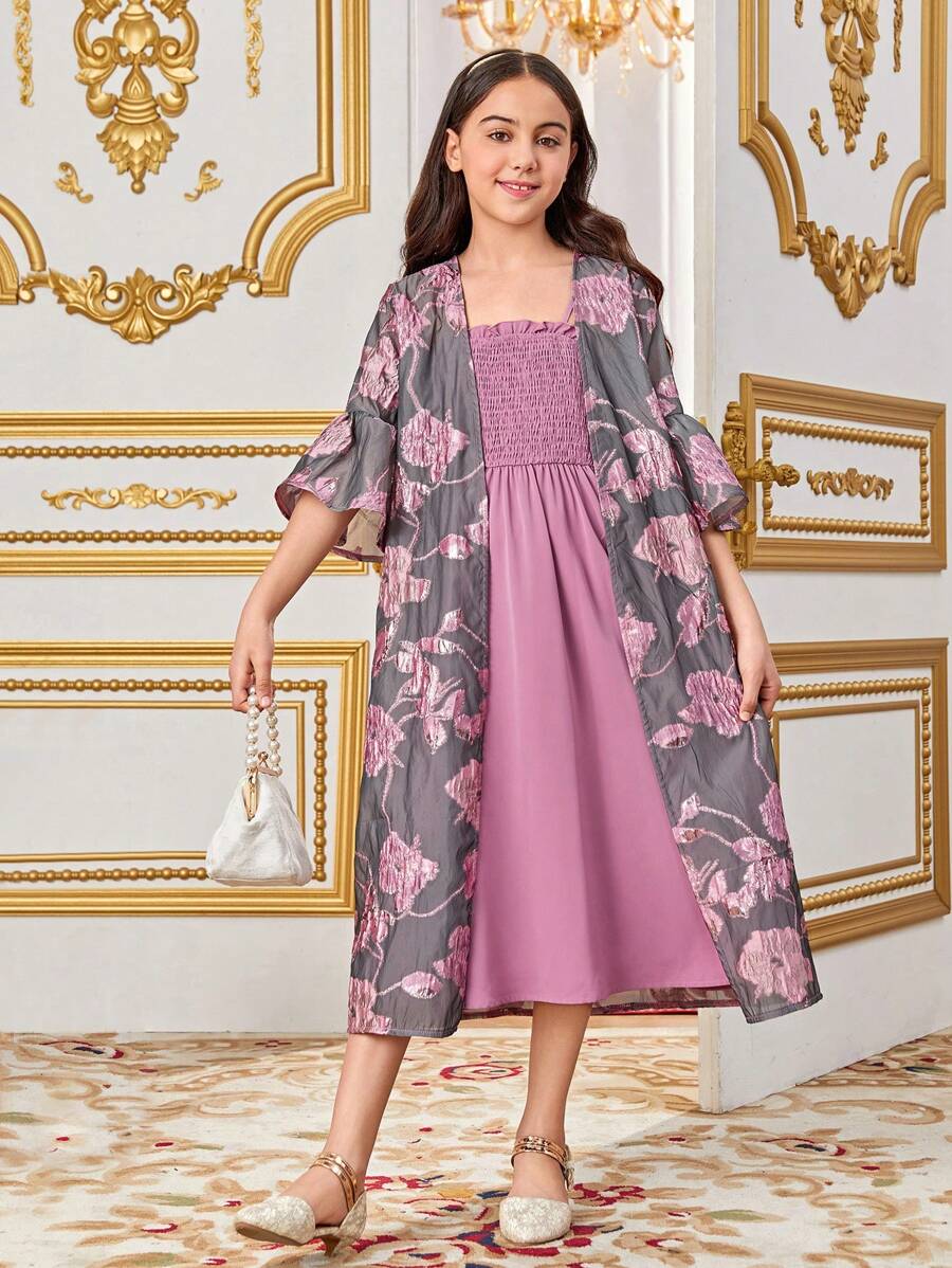 SHEIN Tween Girls' Losse Casual Jacquard Open Front Jas Met Spaghettibandjes Jurk Tweedelige Set