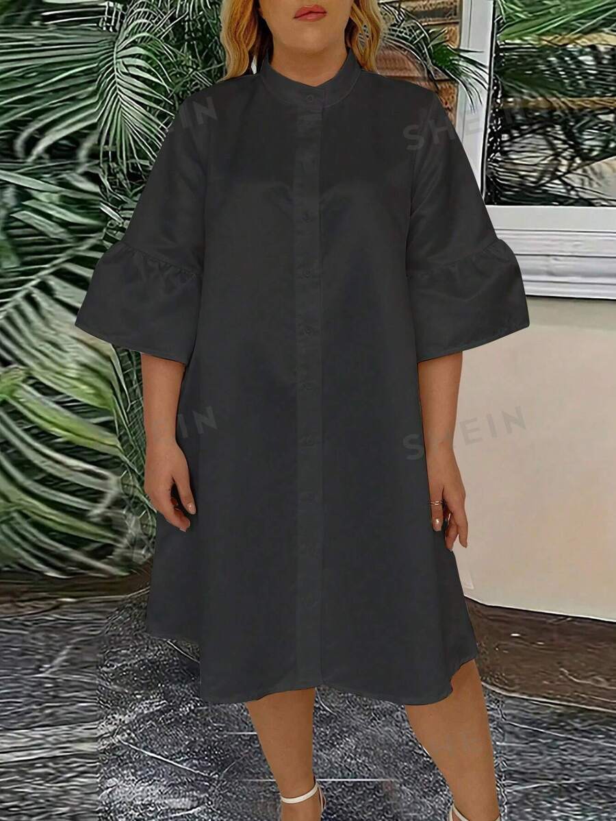 SHEIN Clasi Vestido Con Mangas Acampanadas Y Cuello Alto En Talla Grande