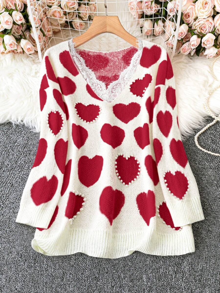 SHEIN LUNE Plus Size Women's Lace Patchwork Heart Pattern Sweater
