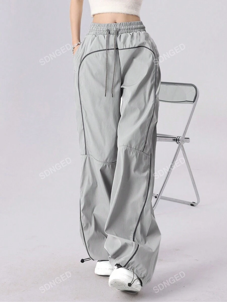 Women's Drawstring Waist Pocket Patchwork Casual Sports Pants