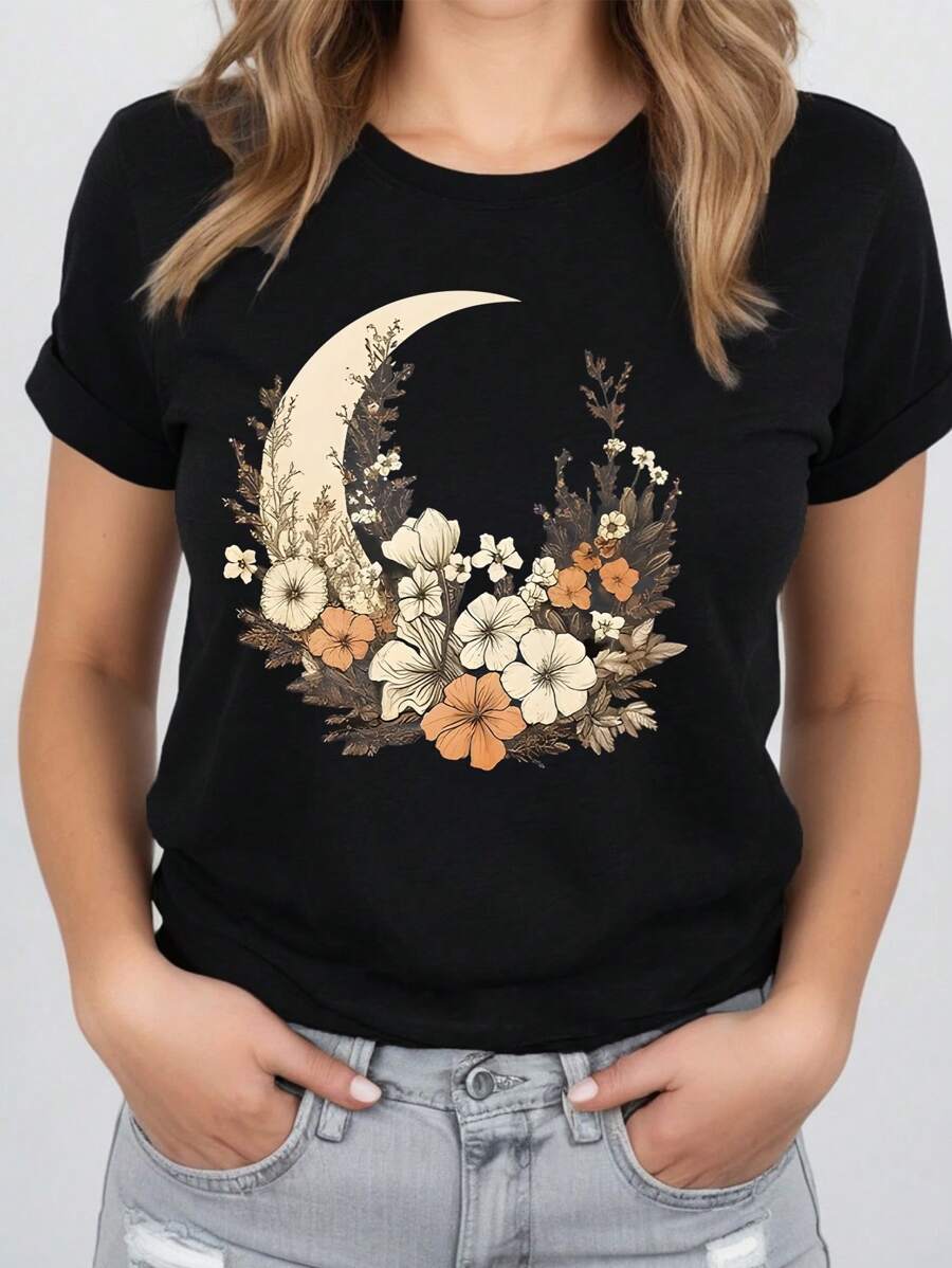 INAWLY Moon & Flower Pattern Casual T-Shirt Graphic Tees Women Tops