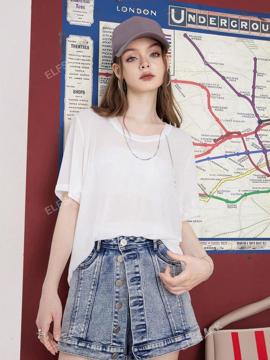 ELFSACK Knit T-Shirt Loose Suncare Tops Woman 2023 Summer Soild Colour Daily Tops