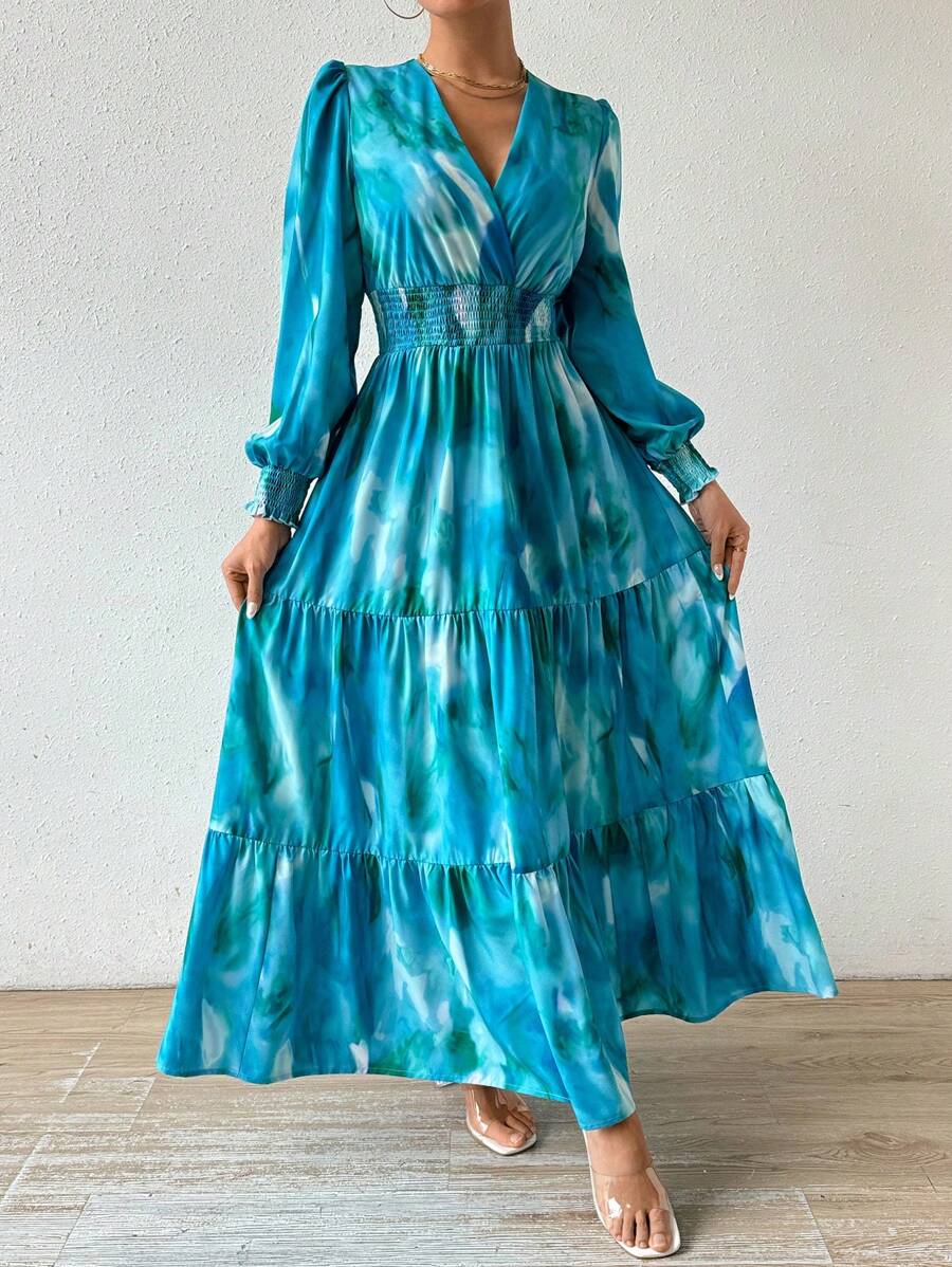 Calvaya Tie-Dye Lantern Sleeve Drawstring High Waist Long Dress Maxi Women Outfit