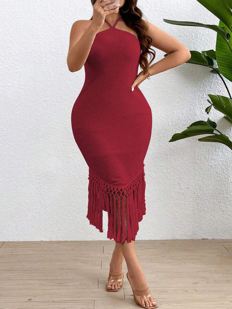 Franclia Plus Size Sleeveless Fringed Solid Color Slim Fit Halter Neck Fashion Dress