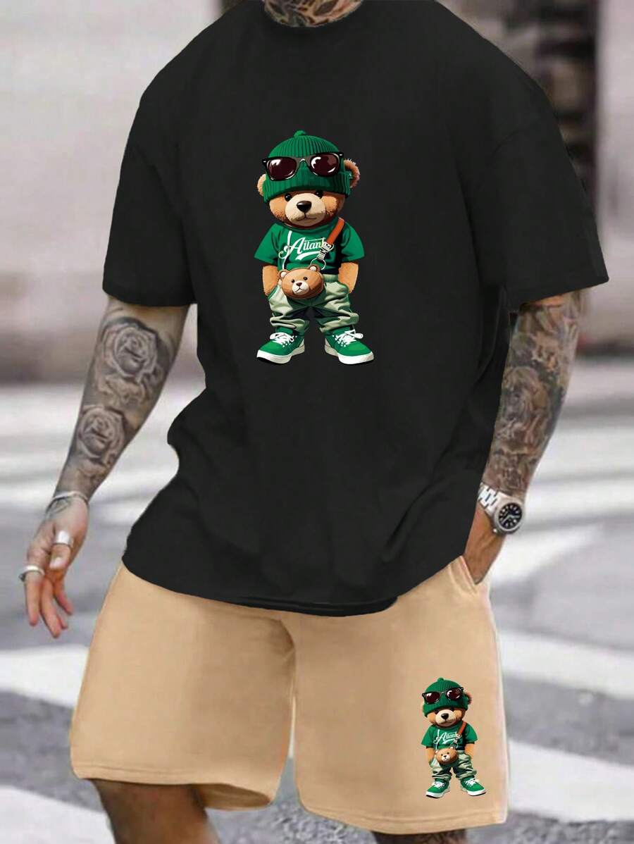 Manfinity EMRG Heren gebreide getailleerde stijl beer bedrukt korte mouwen T-shirt en geweven shorts set, uitgaan, grappig, vrienden heren straatkleding heren grafische T-shirts