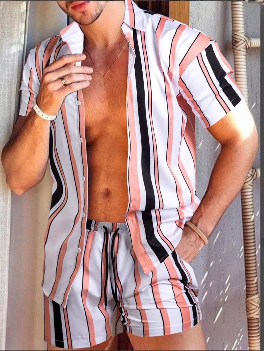 Manfinity RSRT Heren Gestreept Knoppen Korte mouwen Shirt En Shorts