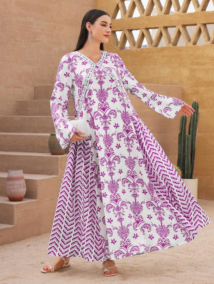 Al Najma Robe arabe à manches longues avec imprimé floral pour femmes