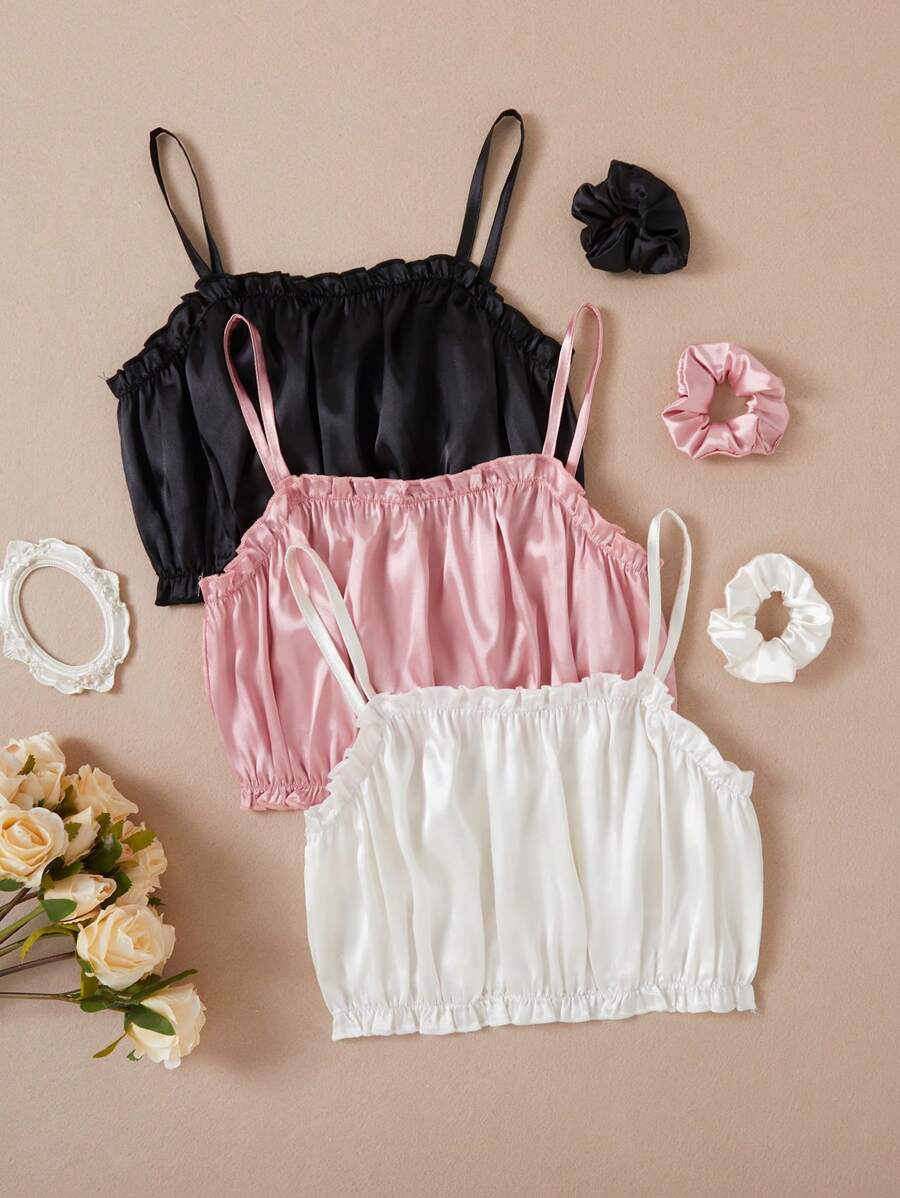 Tween Girl 3pcs Solid Color Ruffle Hem Camisole Tops