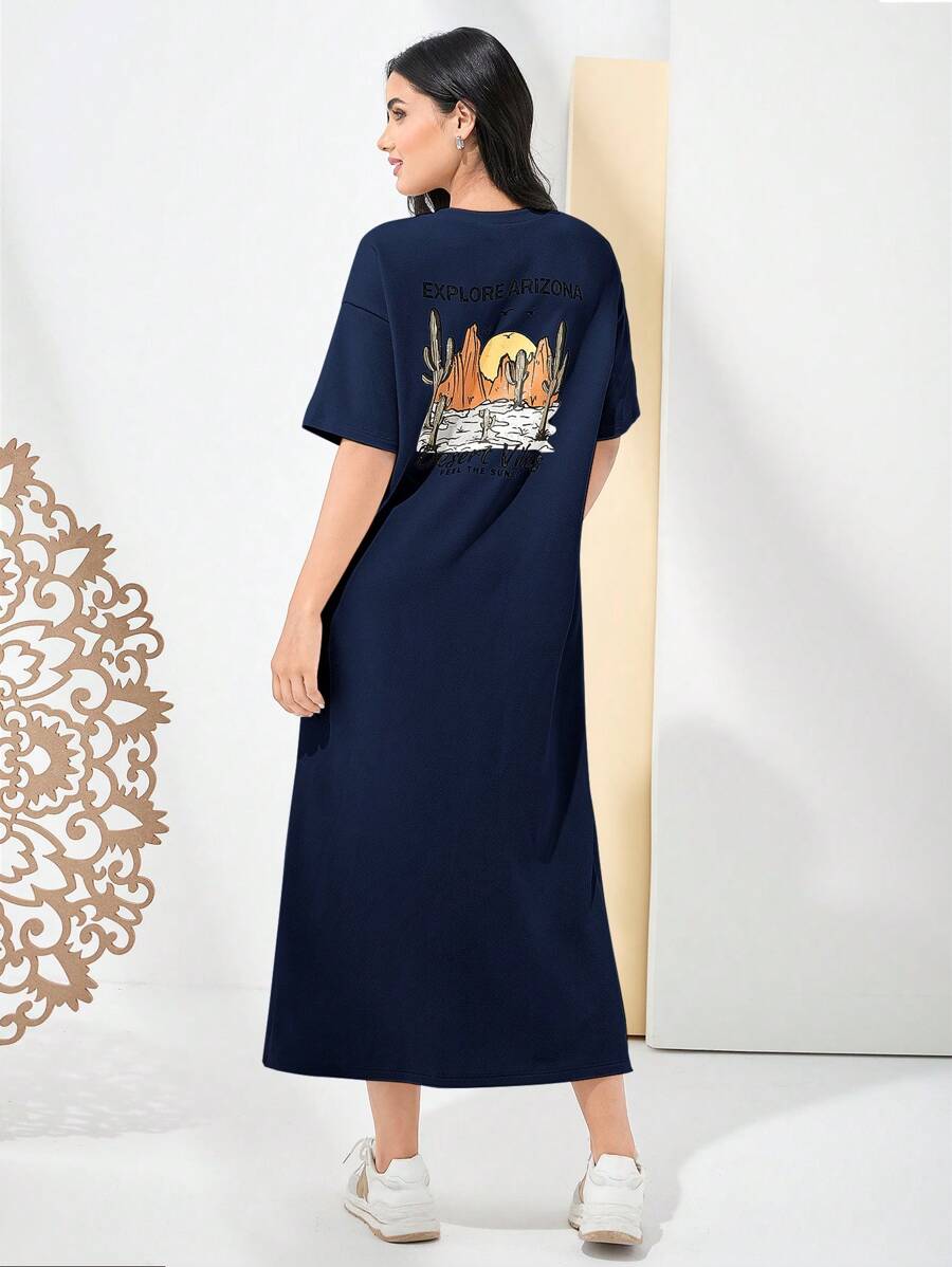 Mulvari Women's Round Neck Short Sleeve Printed Simple Dress, Casual & Daily Wear