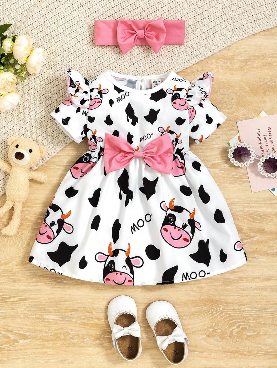 2 Pezzi Set Abito Maniche Corte Carine Con Motivo A Mucca Cartoon E Fasce Per Capelli E Fiocco Abbinato Per Bambine, Abiti Estivi
