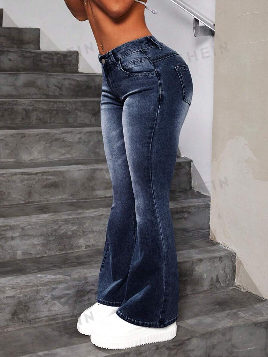 SHEIN PETITE Jeans de mezclilla acampanados con cremallera para mujer