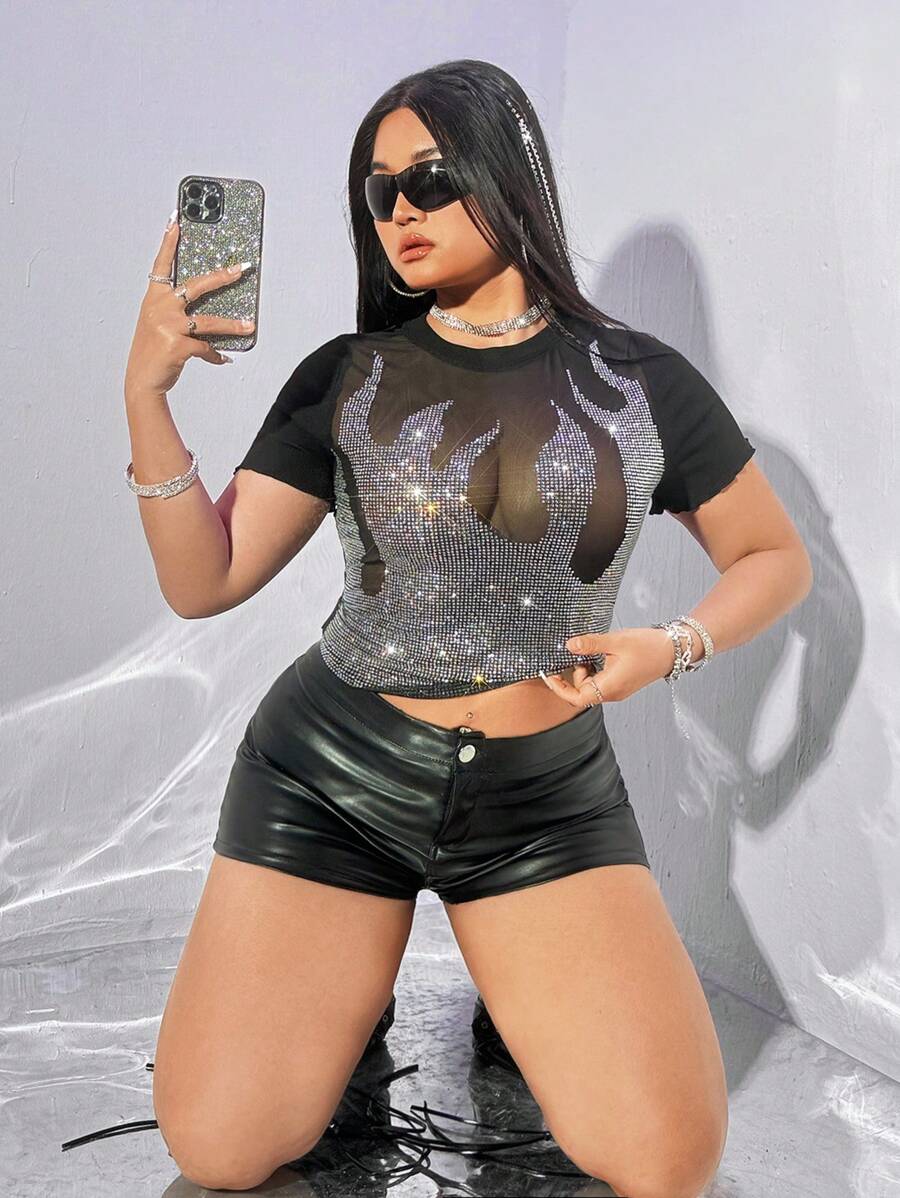 SHEIN ICON Plus Size Women's Mesh Sheer Top With Rhinestone Embellishment For Summer