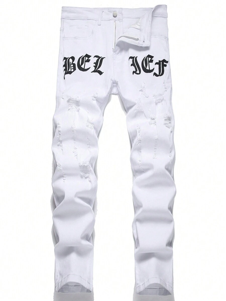 Manfinity EMRG Men's Denim Pants With Letter Print And Distressed Design