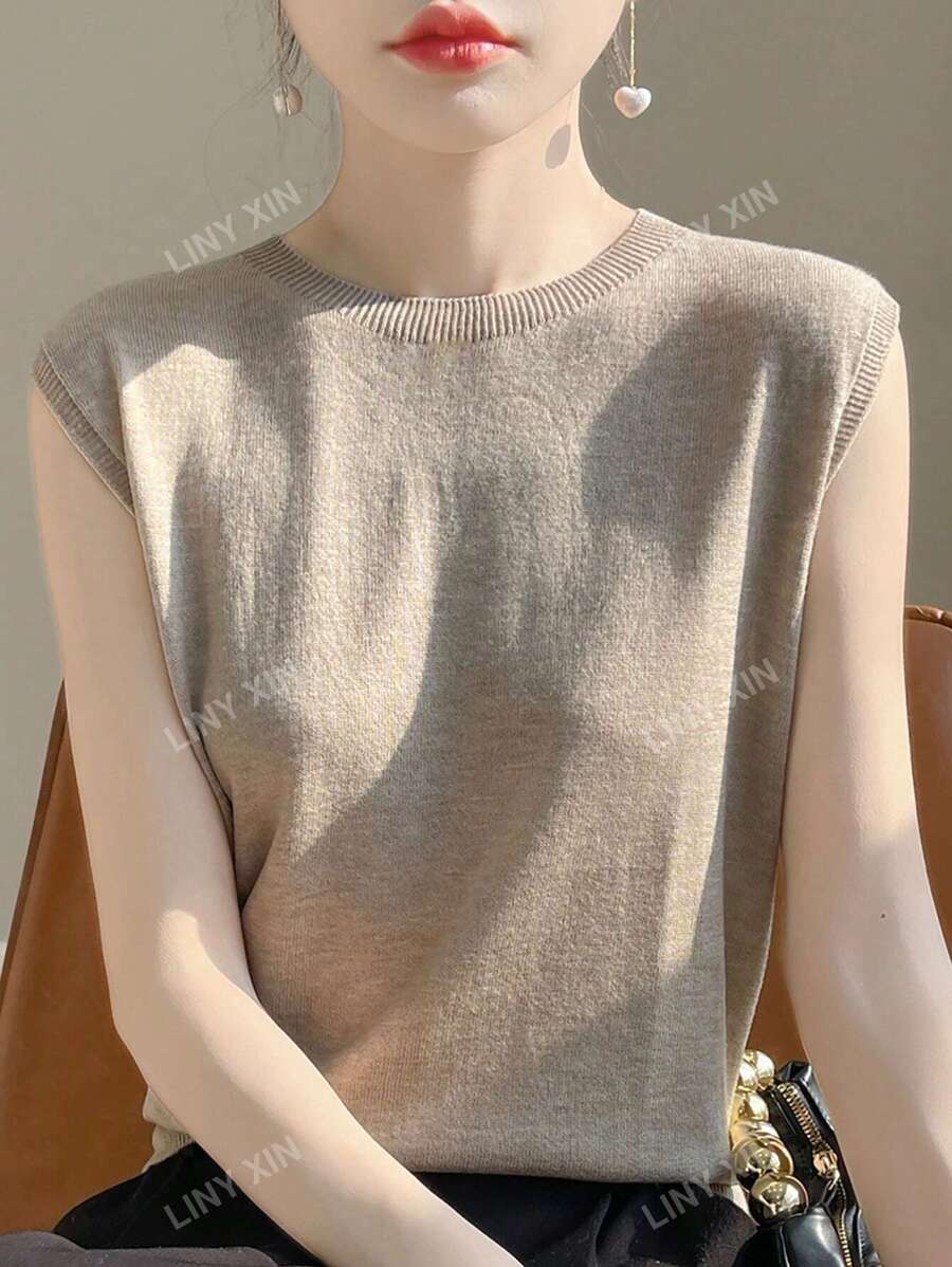 Débardeur Sans Manches À Col Rond De La Nouvelle Technologie Haut De Gamme Pour L'été, Haut De Réservoir À La Mode Pour Femme En Couleur Unie Printemps/été