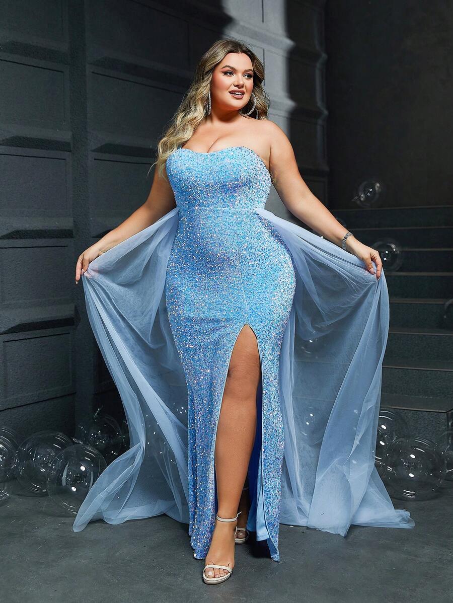 Plus Size Women Slit Flared Sequined Strapless Light Blue Evening Dress